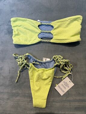 JMP Reversible Lime Green Blue Tie Bottom Bandeau Tiny Bikini Set